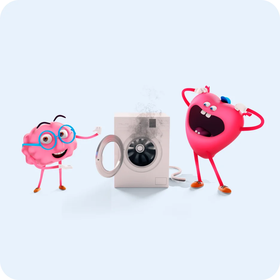 Srdce a mozek stojí u rozbité pračky. Naštěstí mají sjednané pojištění prodloužené záruky od Skip Pay.