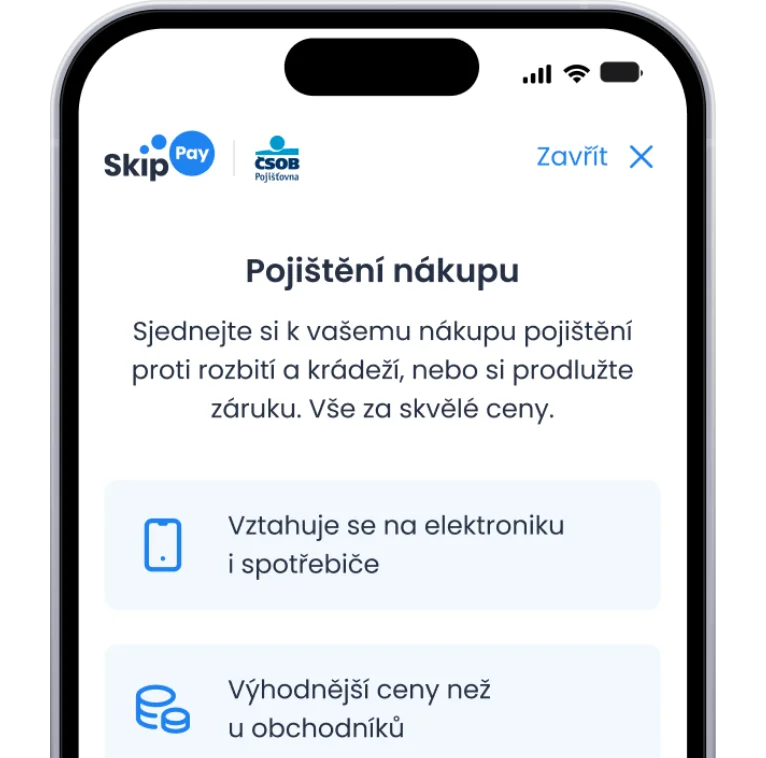 Obrazovka s výhodami pojištění nákupu od Skip Pay.