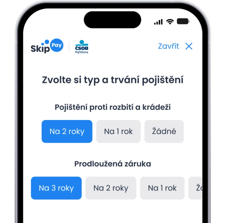 Obrazovka s cenou pojištění proti rozbití a krádeži a cenou pojištění prodloužené záruky od Skip Pay.