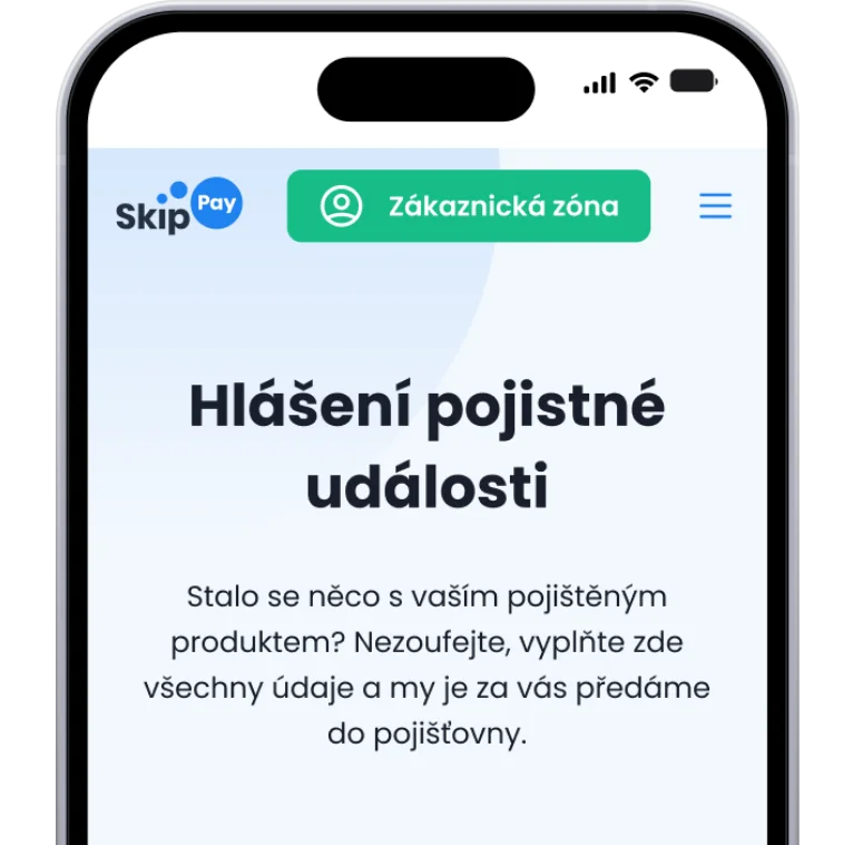 Obrazovka s informací, jak nahlásit škodu a co je potřeba k vyplnění pojistné události k pojištění nákupu od Skip Pay.