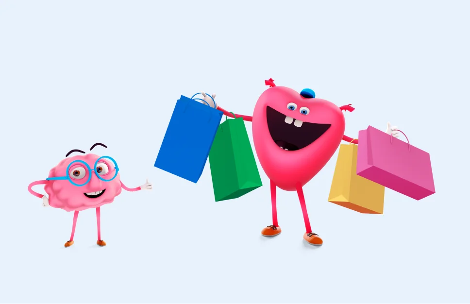 Radostné postavičky srdce a mozek s nákupními taškami, kteří ví, že pojištění nákupů od Skip Pay ochrání.