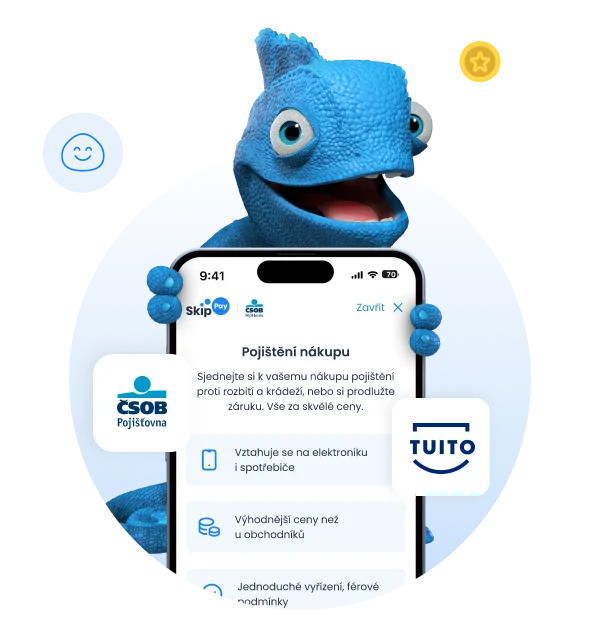 ČSOB chameleon drží obrazovku s výhodami pojištění nákupů od Skip Pay.